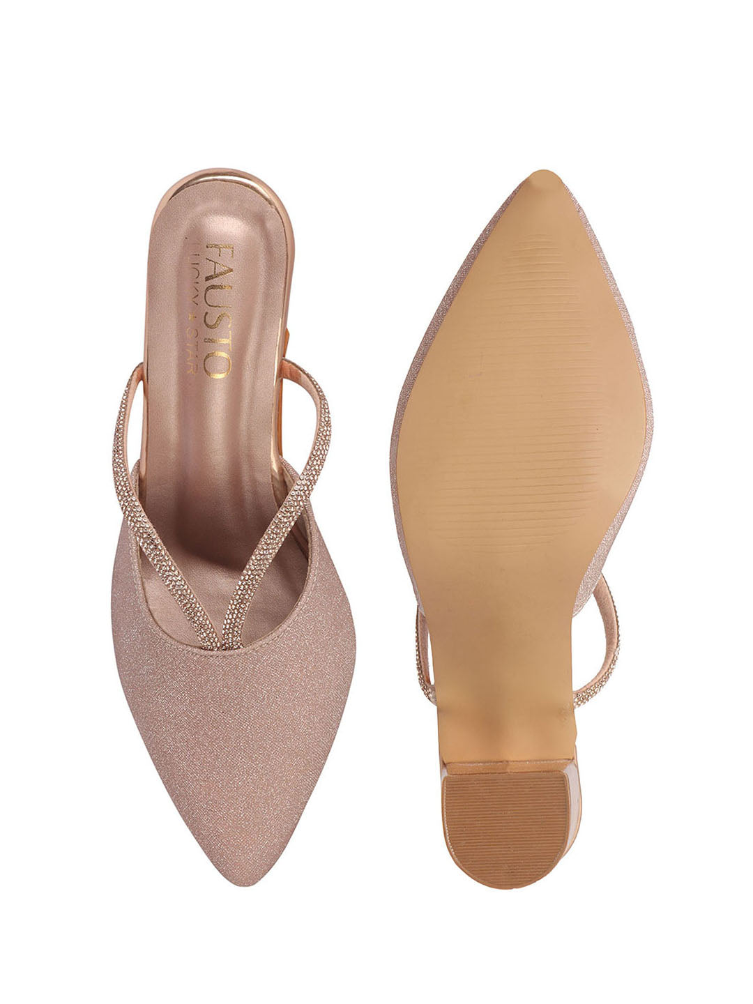 Women Rose Gold Pointed Toe Block Heel Back Open Shoe Style Sandals|Soft Padded Insole|Semi Formal Outfit Shimmering Strap Sandals