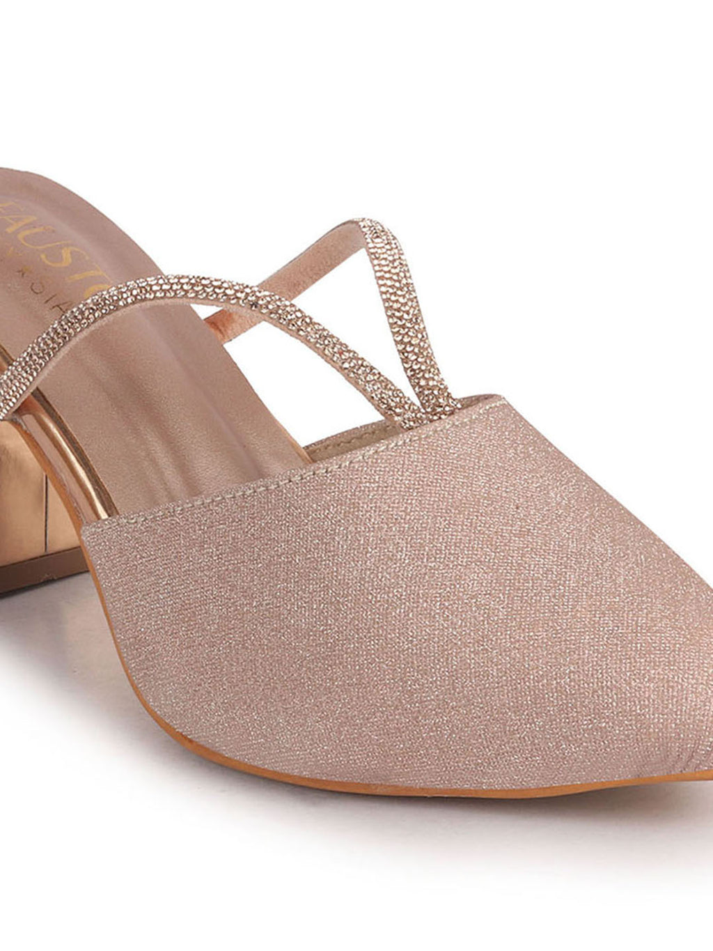 Women Rose Gold Pointed Toe Block Heel Back Open Shoe Style Sandals|Soft Padded Insole|Semi Formal Outfit Shimmering Strap Sandals