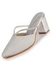 Women Silver Pointed Toe Block Heel Back Open Shoe Style Sandals|Soft Padded Insole|Semi Formal Outfit Shimmering Strap Sandals
