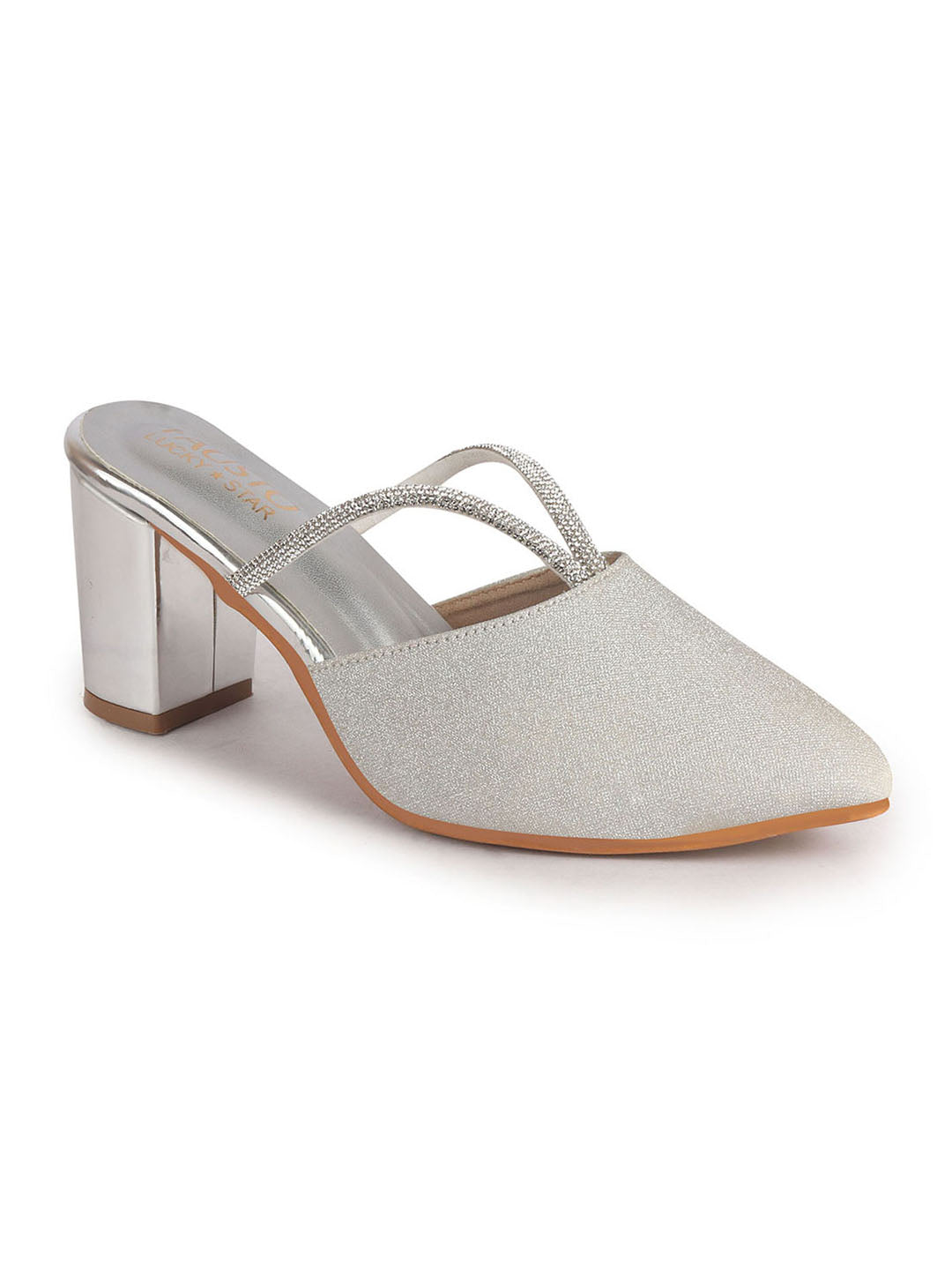 Women Silver Pointed Toe Block Heel Back Open Shoe Style Sandals|Soft Padded Insole|Semi Formal Outfit Shimmering Strap Sandals