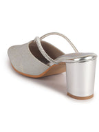 Women Silver Pointed Toe Block Heel Back Open Shoe Style Sandals|Soft Padded Insole|Semi Formal Outfit Shimmering Strap Sandals