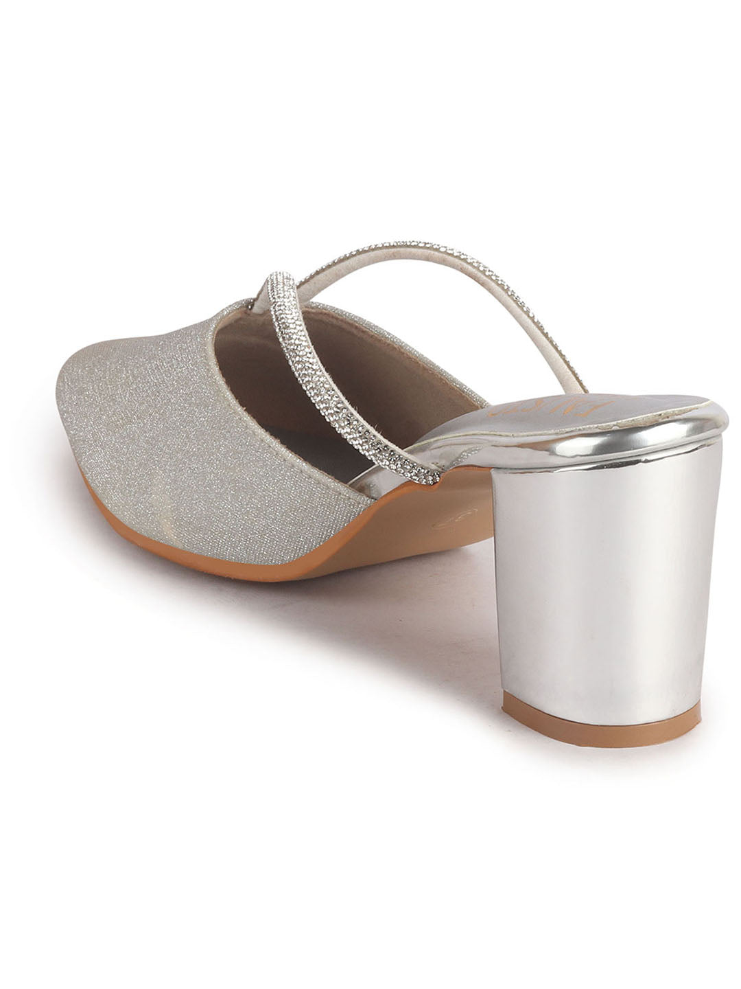 Women Silver Pointed Toe Block Heel Back Open Shoe Style Sandals|Soft Padded Insole|Semi Formal Outfit Shimmering Strap Sandals