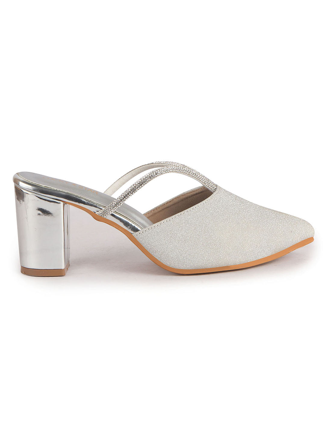 Women Silver Pointed Toe Block Heel Back Open Shoe Style Sandals|Soft Padded Insole|Semi Formal Outfit Shimmering Strap Sandals