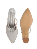 Women Silver Pointed Toe Block Heel Back Open Shoe Style Sandals|Soft Padded Insole|Semi Formal Outfit Shimmering Strap Sandals