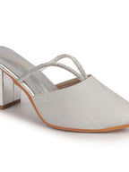 Women Silver Pointed Toe Block Heel Back Open Shoe Style Sandals|Soft Padded Insole|Semi Formal Outfit Shimmering Strap Sandals