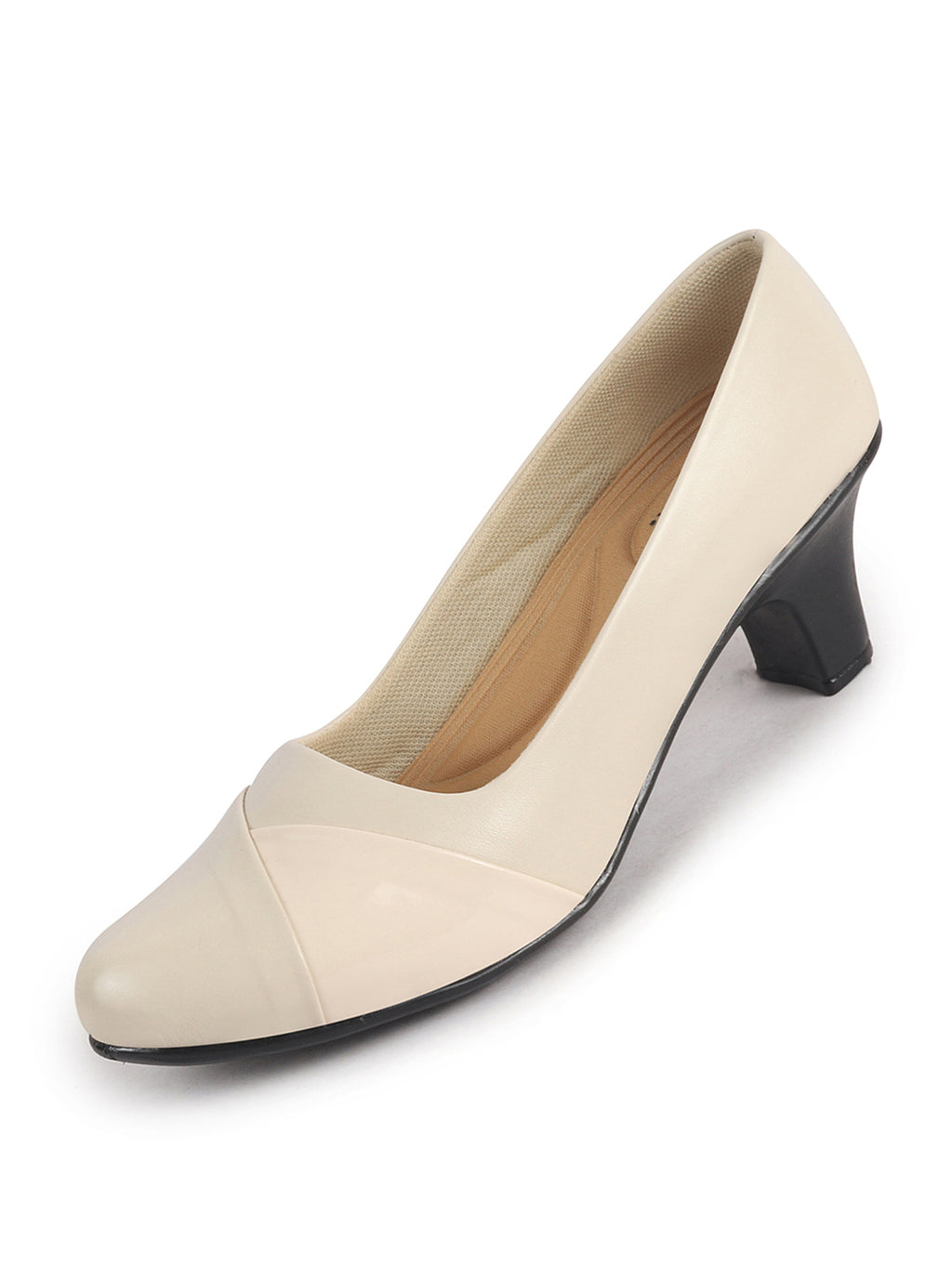 cream closed toe block heel pumps