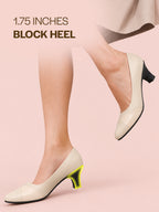 cream closed toe block heel pumps