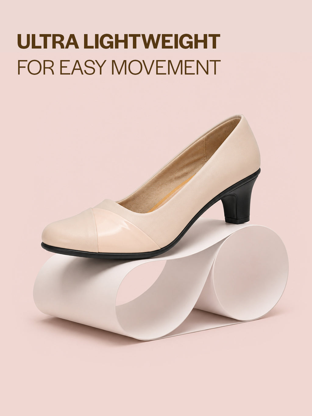 cream closed toe block heel pumps