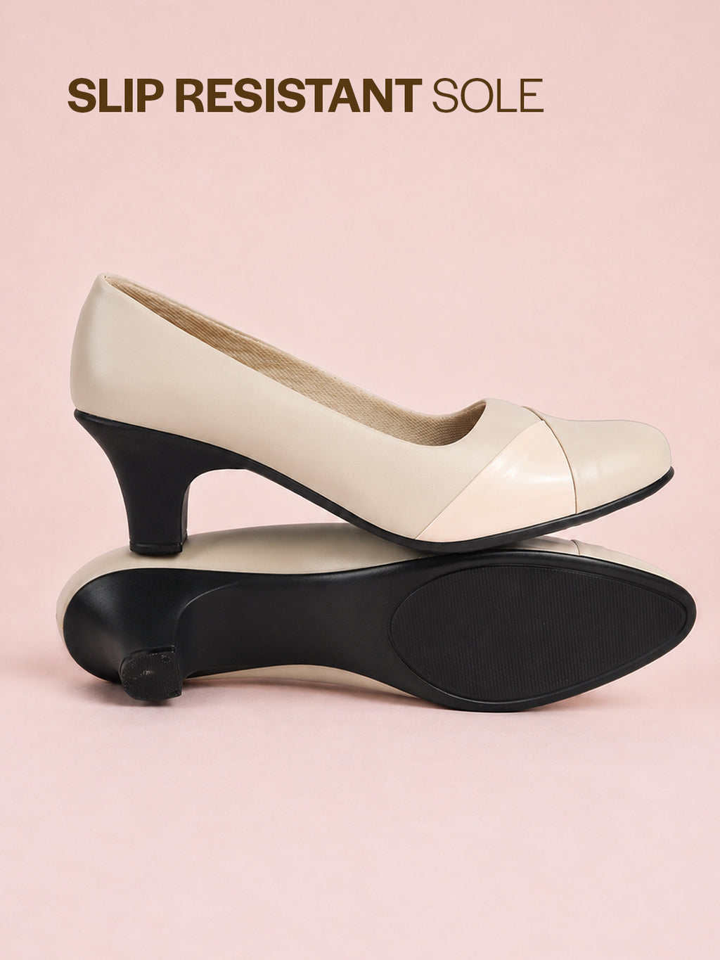 cream closed toe block heel pumps