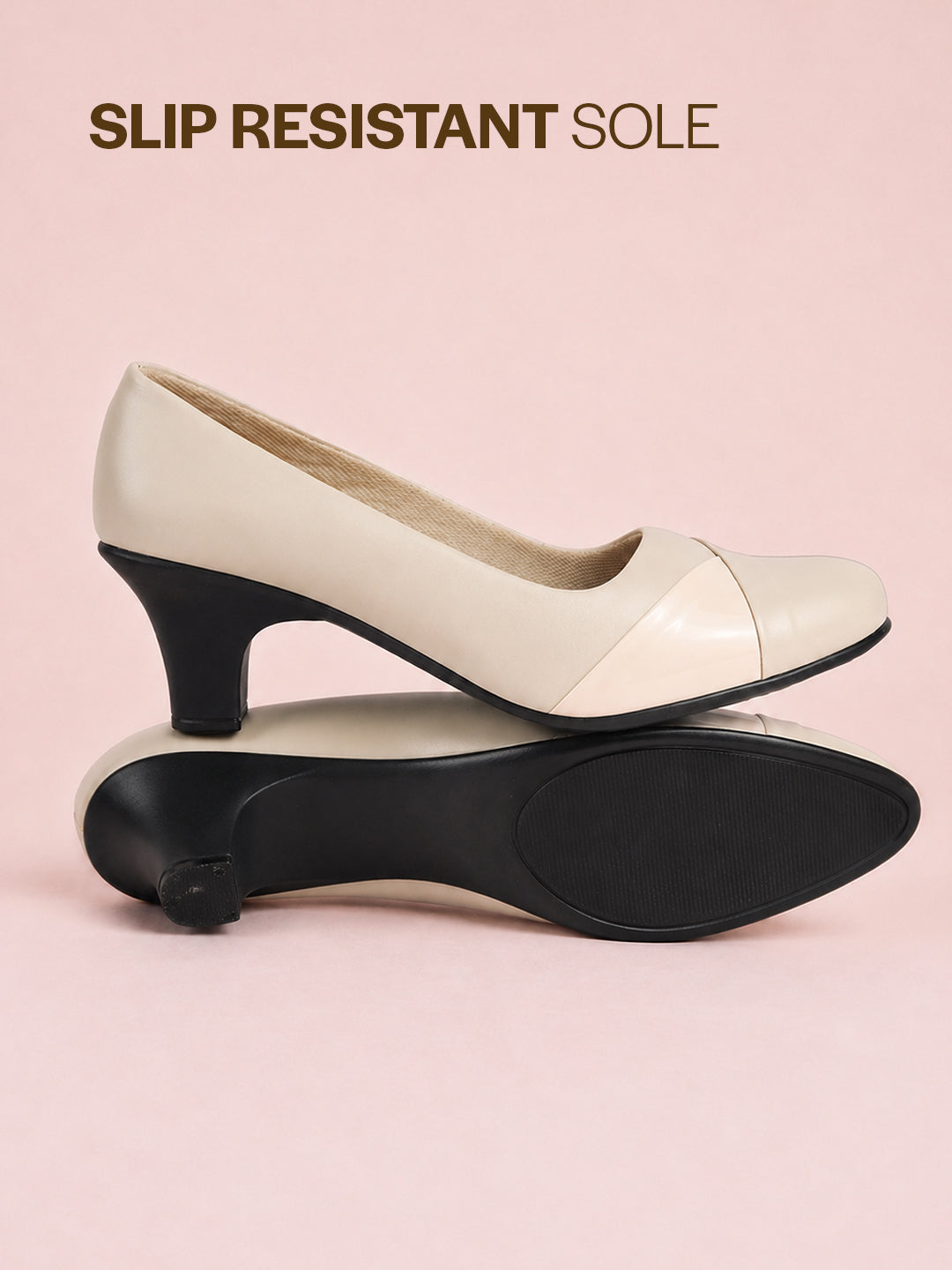 cream closed toe block heel pumps