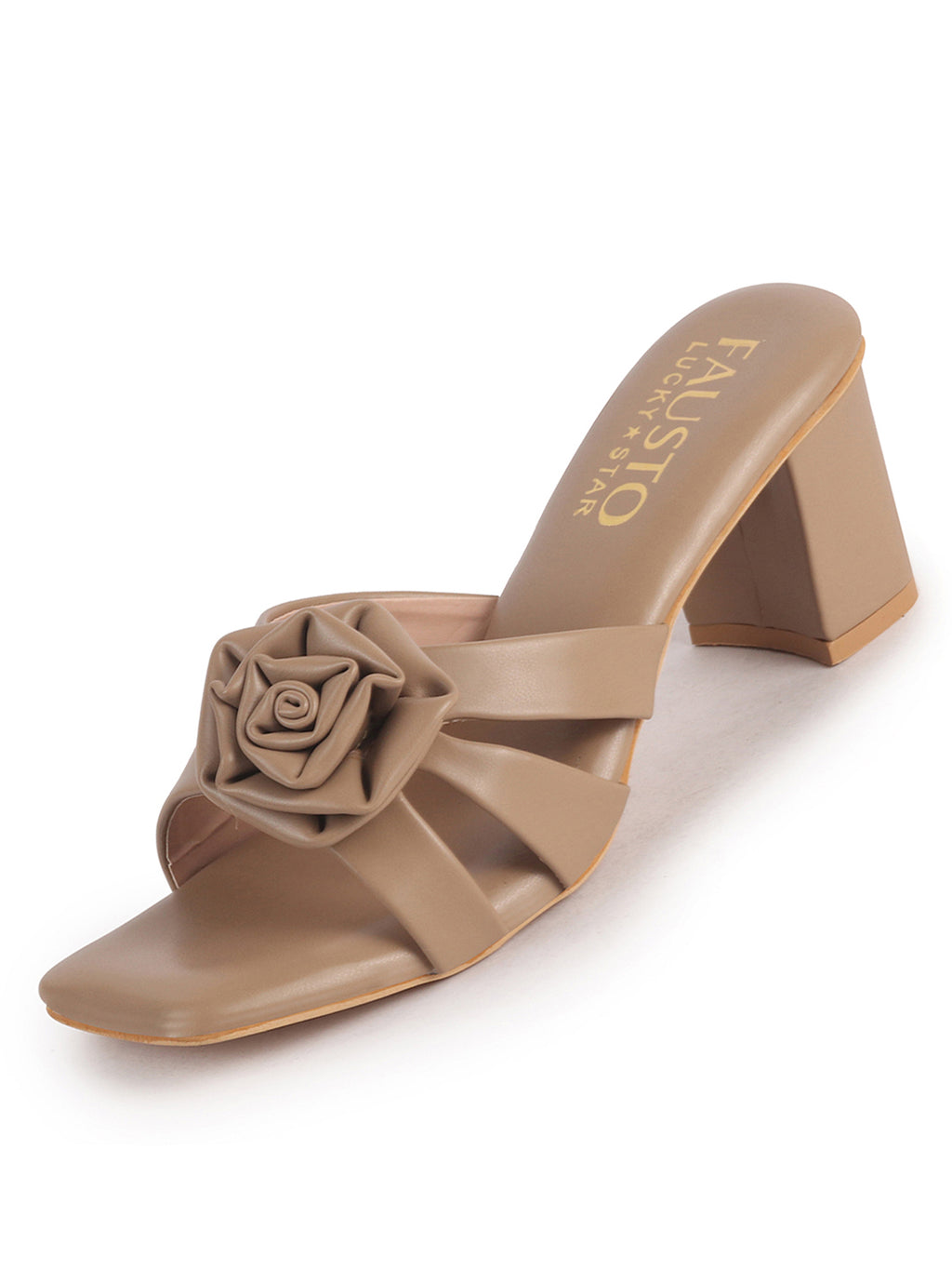 women taupe heeled sandals with flower