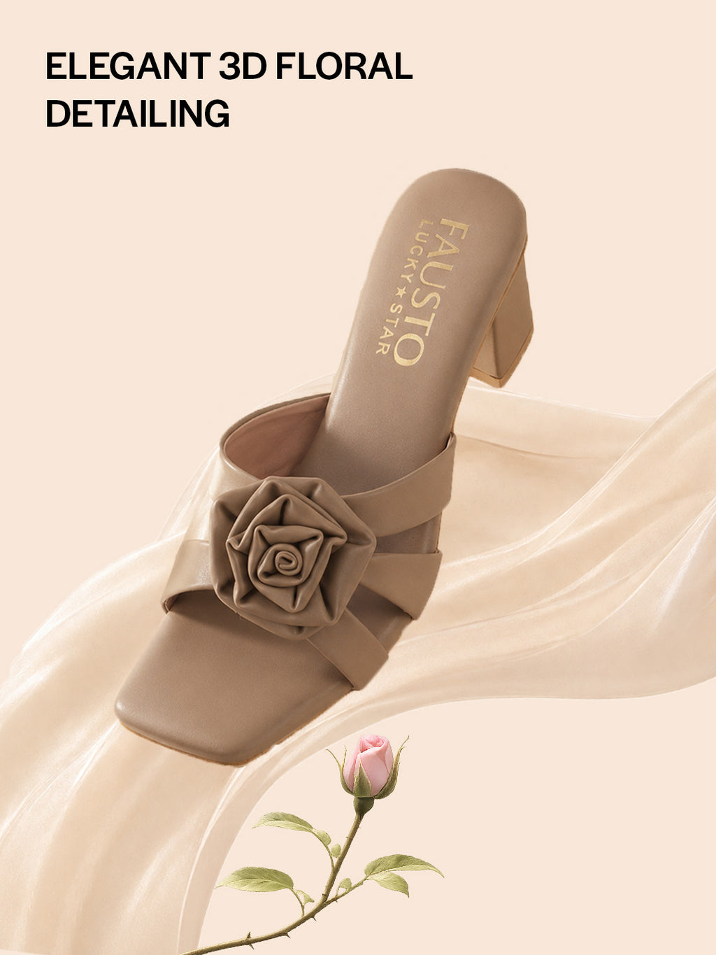 women taupe heeled sandals with flower