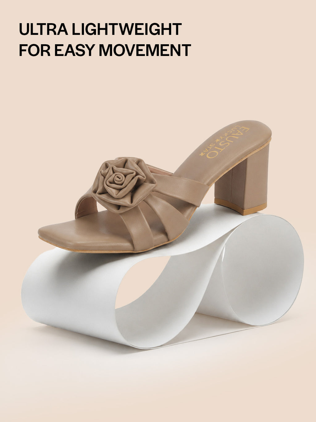 women taupe heeled sandals with flower