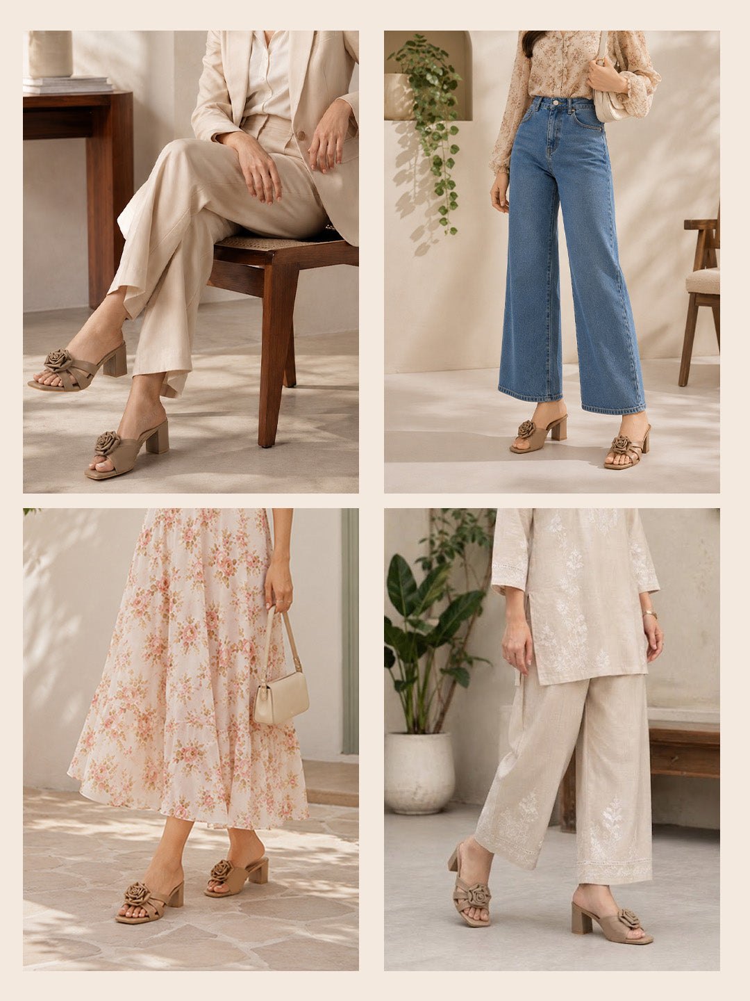 women taupe heeled sandals with flower
