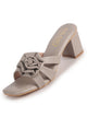 Women Grey Floral Accent Square Toe Block Heel Slip On Sandals with Cushioned Footbed Insole|Open Toe Slip-Ons for Wedding, Party & Festive Wear|Lightweight Durable Sole