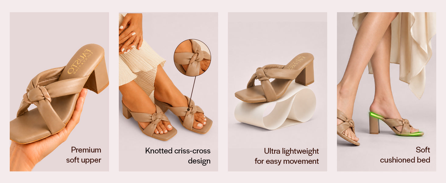 Women White Criss-Cross Strap Open Toe Knotted Block Heel Sandals|Elegant Dress Slip-Ons with Padded Footbed|Square Toe Sandal for Casual, Party & Festive Wear