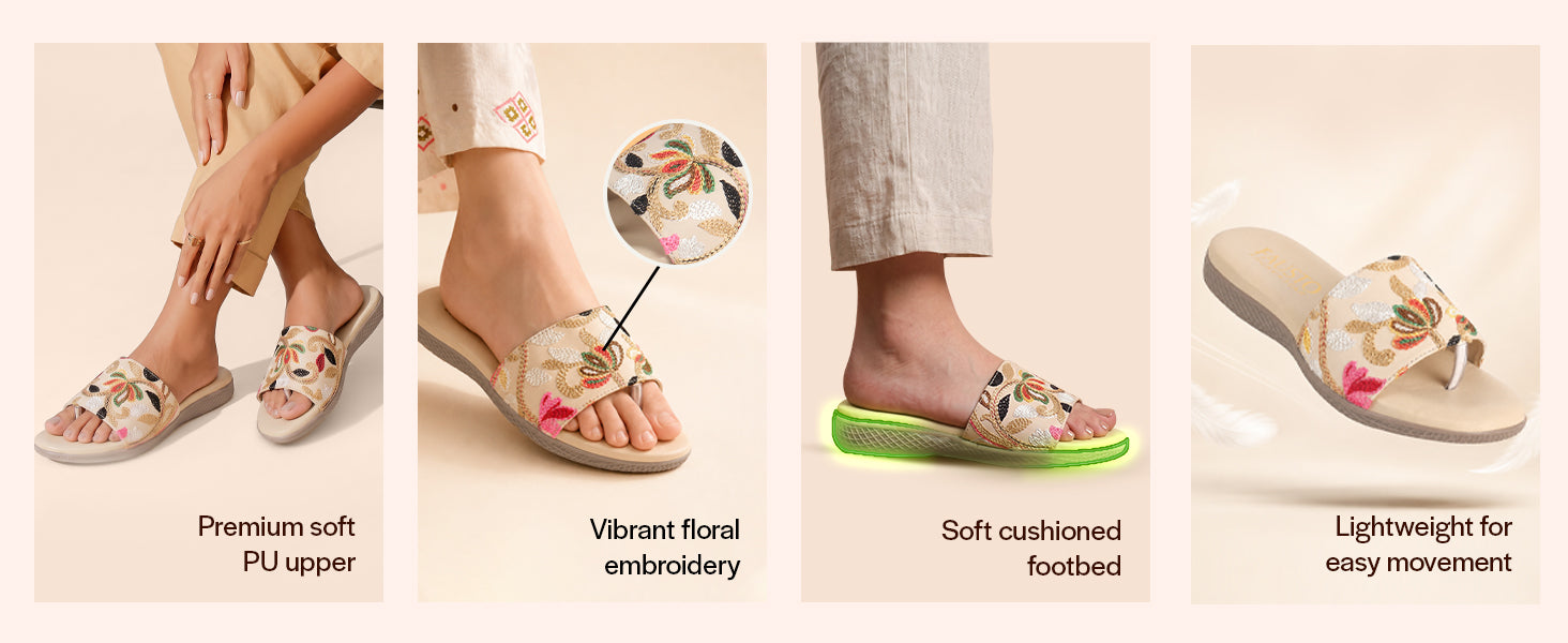 Women White Floral Embroidered Flat Sandals for Festive, Party Kurti, Suits Outfit|Memory Cushioned Footbed Insole Sliders|All Day Comfort Flexible Sole