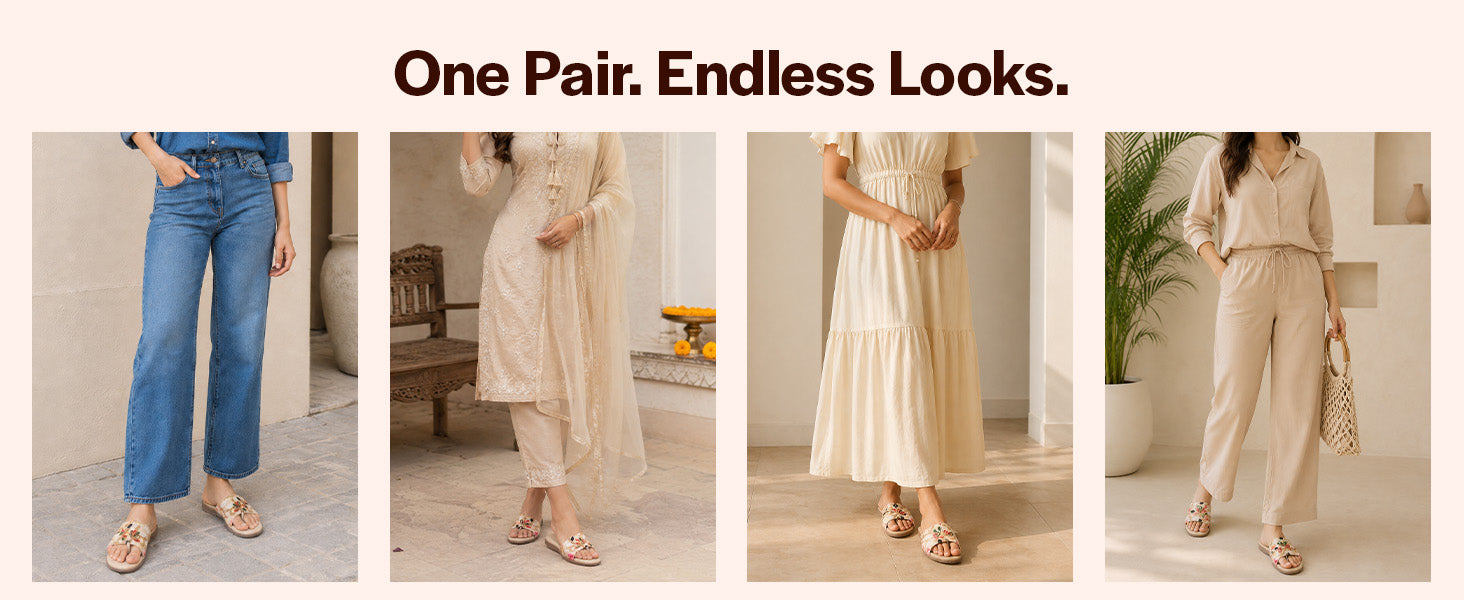 Women White Floral Embroidered Flat Sandals for Festive, Party Kurti, Suits Outfit|Memory Cushioned Footbed Insole Sliders|All Day Comfort Flexible Sole