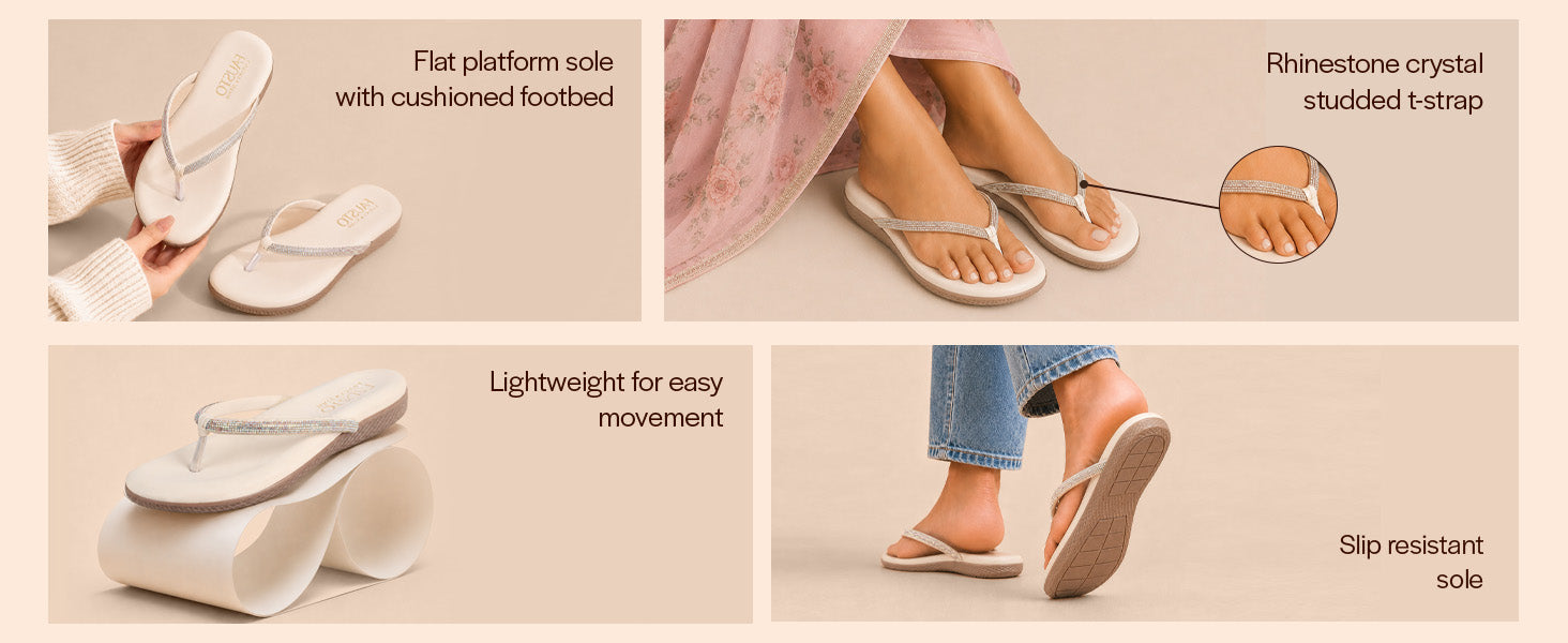 Women Beige Rhinestone Crystal Studded T-Strap Thong Sandals|Lightweight Platform Anti Skid Sole Flats|Comfort Cushioned Slippers for Casual Summer, Party & Festive Wear