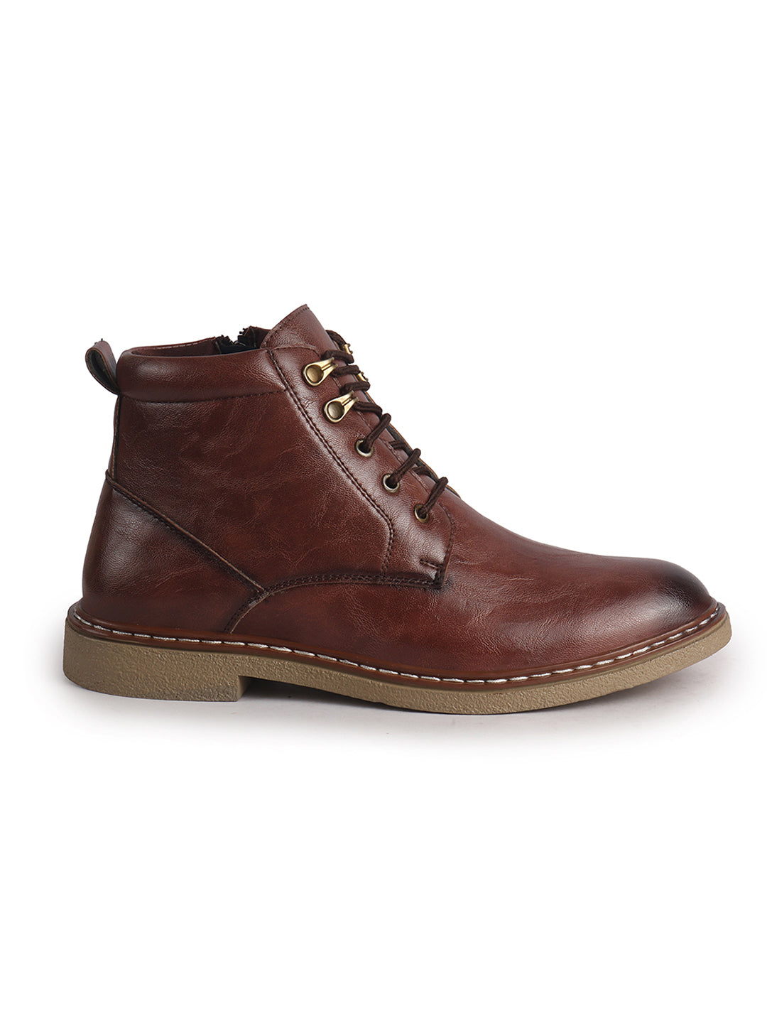Men Brown Casual Ankle Length 3-Eye Lace Up Side Zipper Chukka Boot for Biking|Extra Soft Cushioned Footbed Shoe for Winter|Durable Slip Resistant TPR Welted Sole