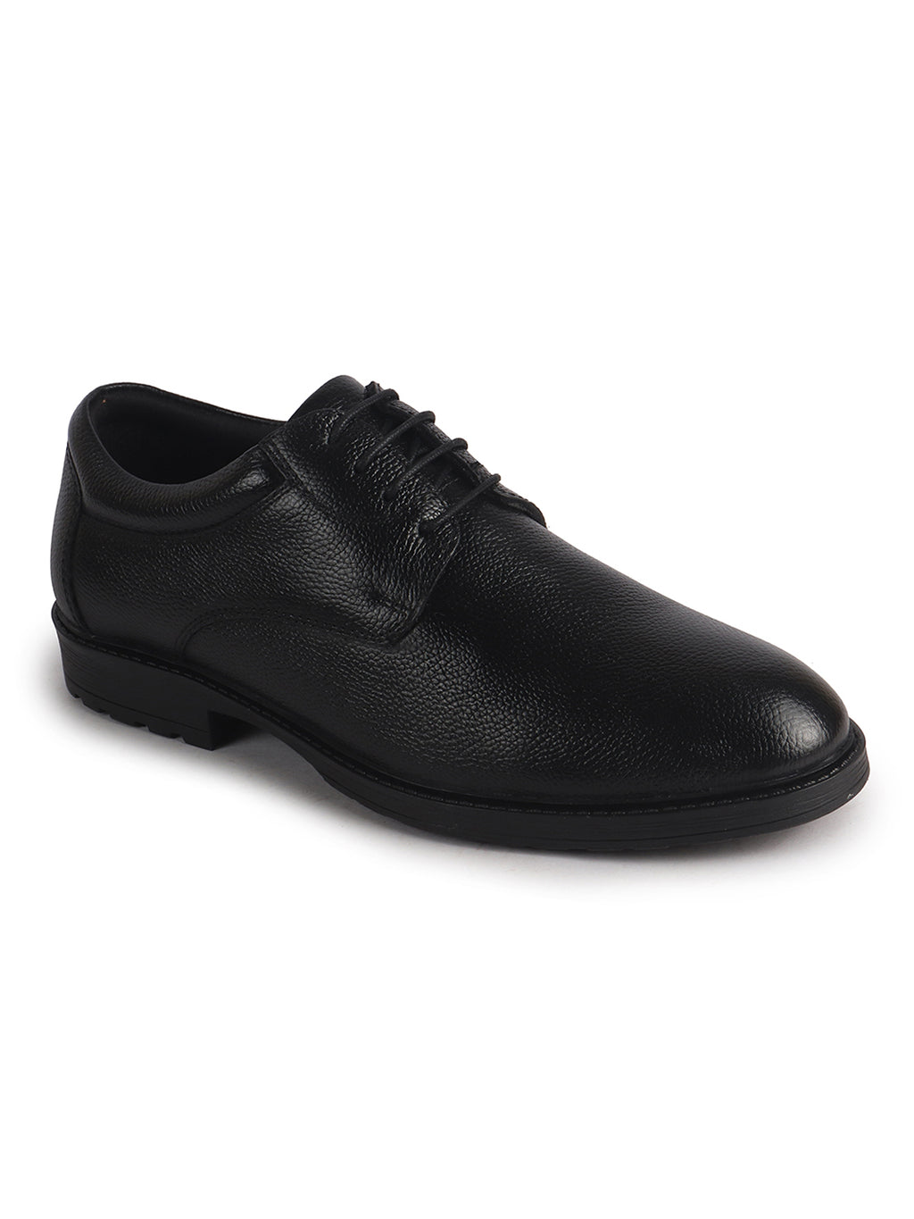 Men Black Genuine Leather Textured Low Heel Office Formal Lace Up Derby Shoes|Perfect for Wedding, Party, Office|Memory Cushioned Footbed|Anti Skid Sole