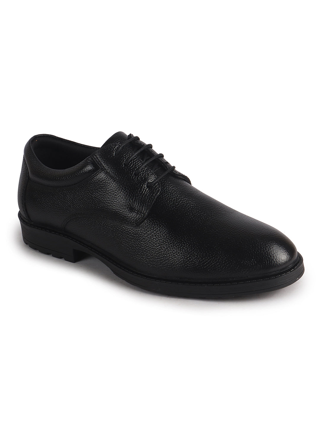 Men Black Genuine Leather Textured Low Heel Office Formal Lace Up Derby Shoes|Perfect for Wedding, Party, Office|Memory Cushioned Footbed|Anti Skid Sole