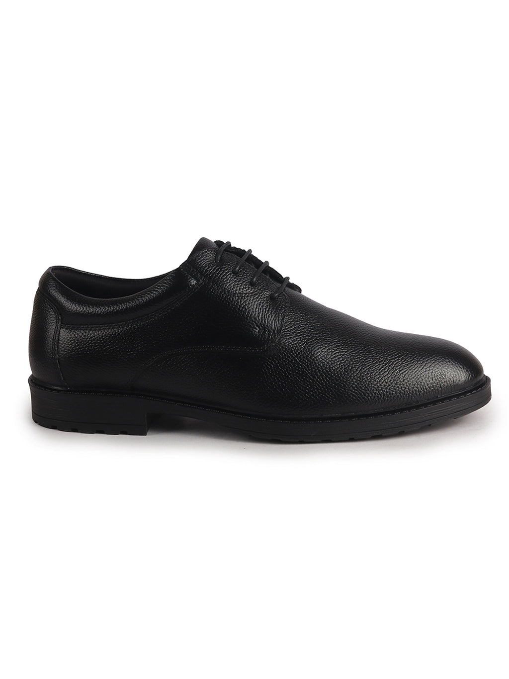 Men Black Genuine Leather Textured Low Heel Office Formal Lace Up Derby Shoes|Perfect for Wedding, Party, Office|Memory Cushioned Footbed|Anti Skid Sole