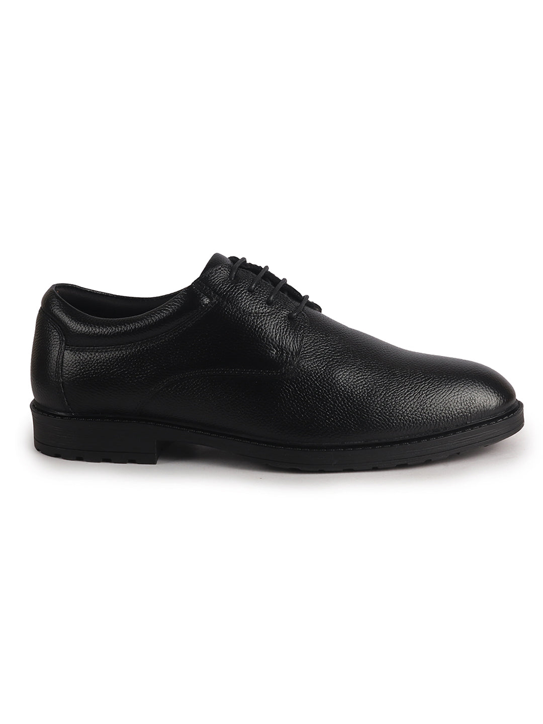 Men Black Genuine Leather Textured Low Heel Office Formal Lace Up Derby Shoes|Perfect for Wedding, Party, Office|Memory Cushioned Footbed|Anti Skid Sole