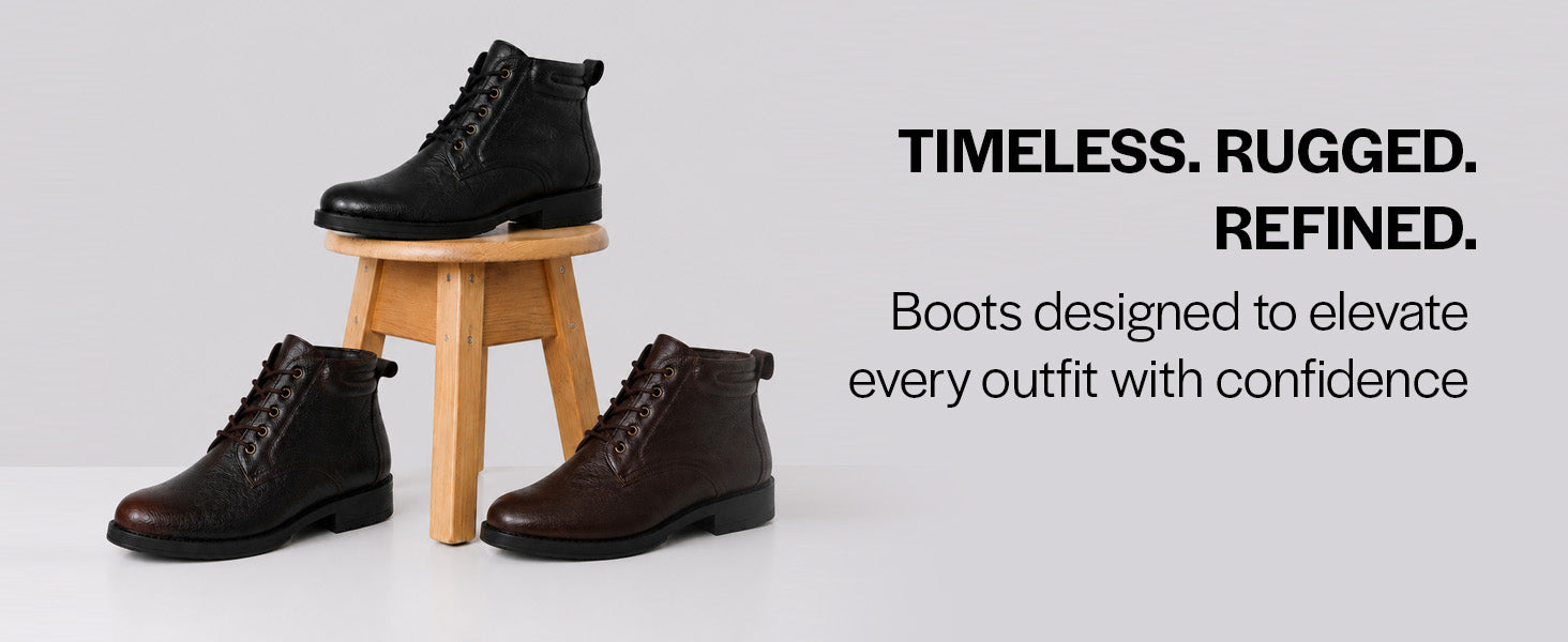 Men Black Genuine Leather Ankle Length 5-Eye Lace Up Chukka Boots|Biking Boot with Anti-Skid Durable Sole|Formal, Office & Casual Wear