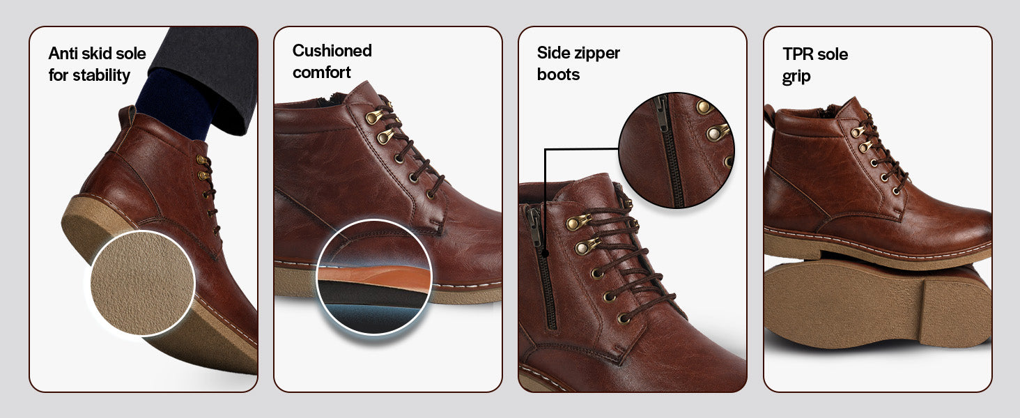 Men Tan Casual Ankle Length 3-Eye Lace Up Side Zipper Chukka Boot for Biking|Extra Soft Cushioned Footbed Shoe for Winter|Durable Slip Resistant TPR Welted Sole