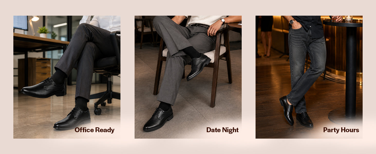 Men Black Genuine Leather Textured Low Heel Office Formal Lace Up Derby Shoes|Soft Cushioned Insole Comfort, Anti Skid Sole|Perfect for Wedding, Event, Party