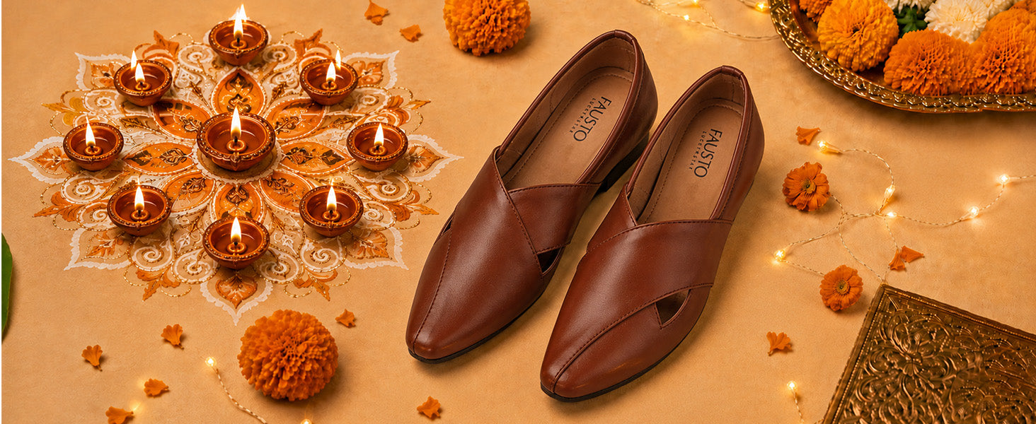Men Ethnic Tan Criss Cross Slip On Juttis and Mojaris