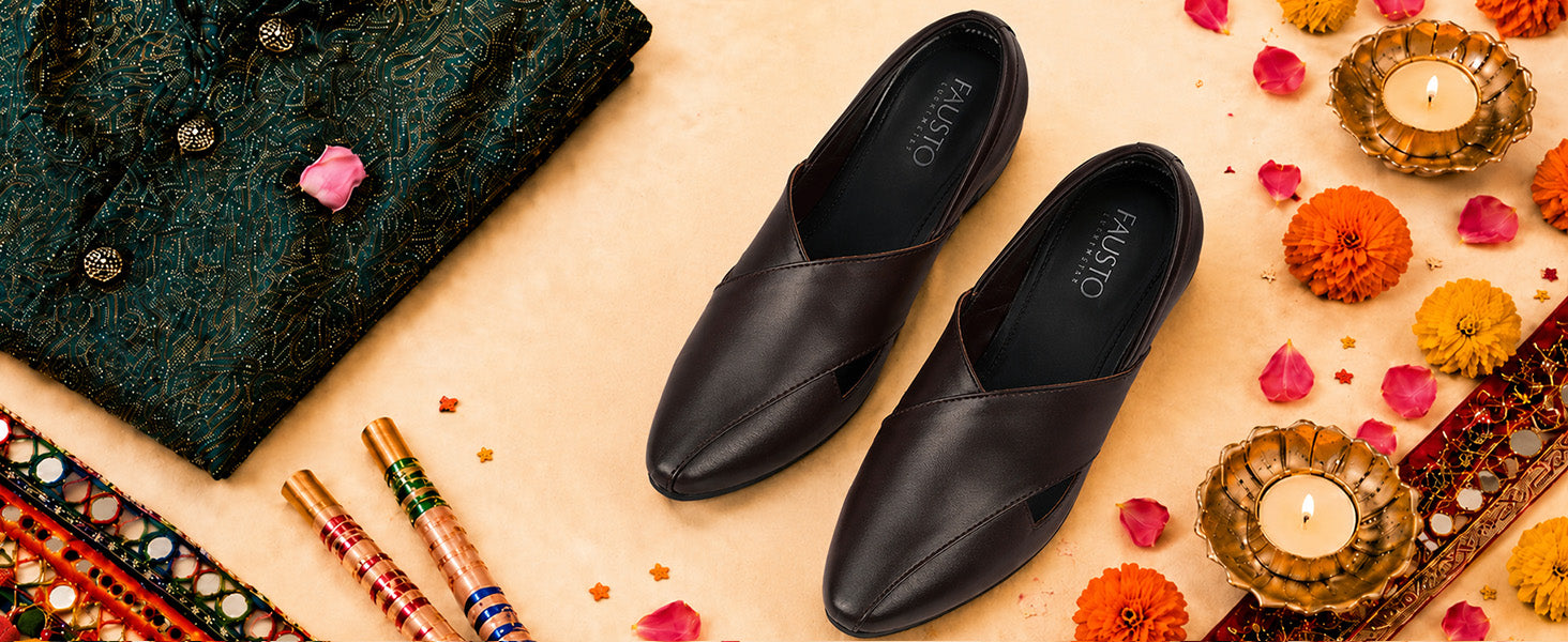 Men Ethnic Tan Criss Cross Slip On Juttis and Mojaris