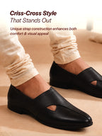 men ethnic black criss cross slip on juttis and mojaris