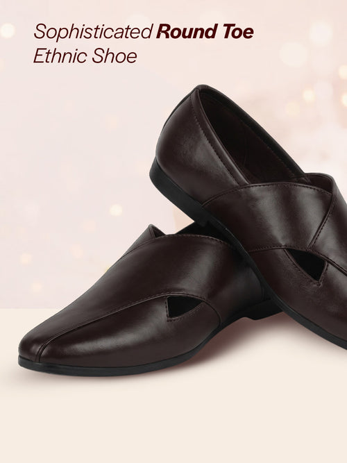 men ethnic brown criss cross slip on juttis and mojaris