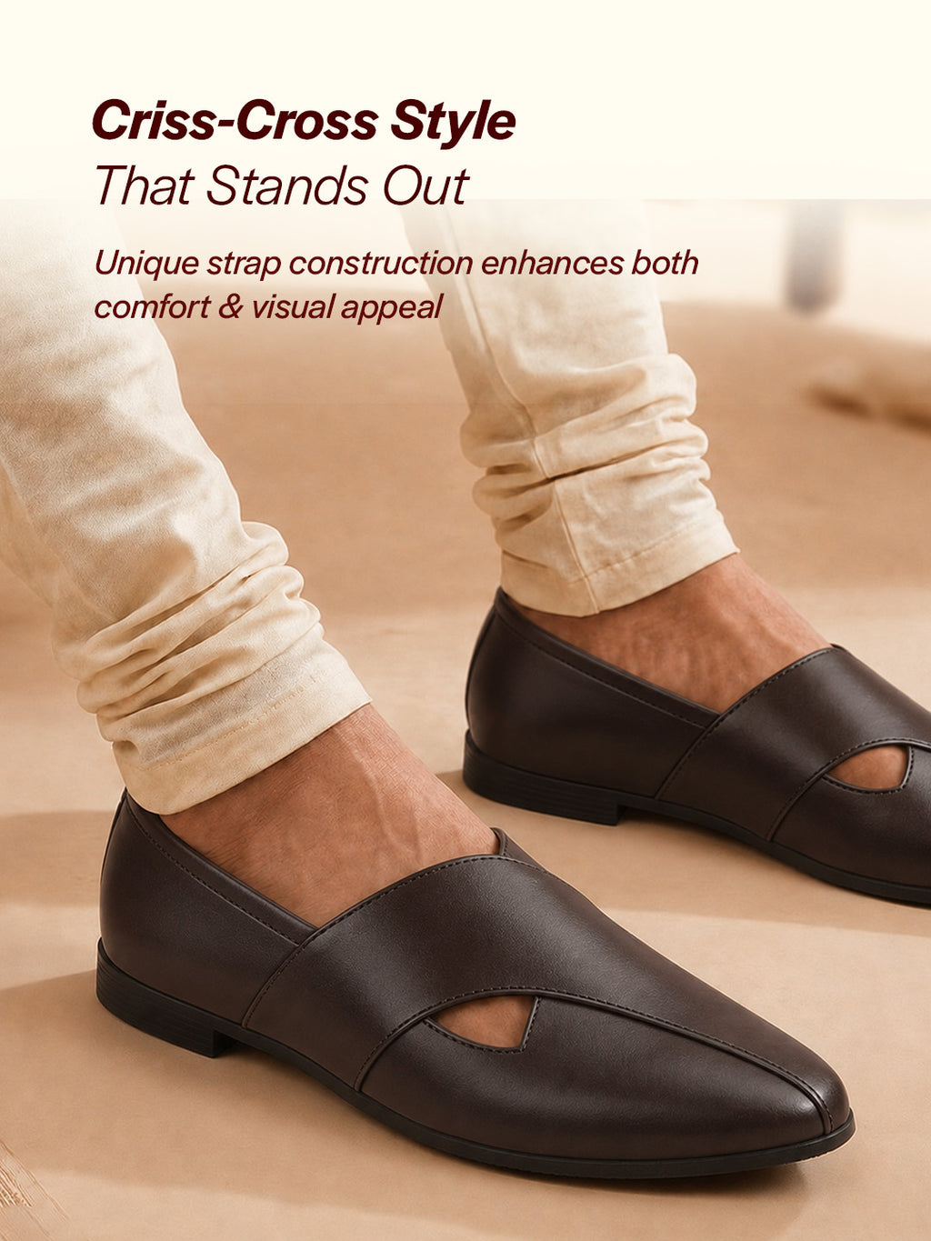 men ethnic brown criss cross slip on juttis and mojaris