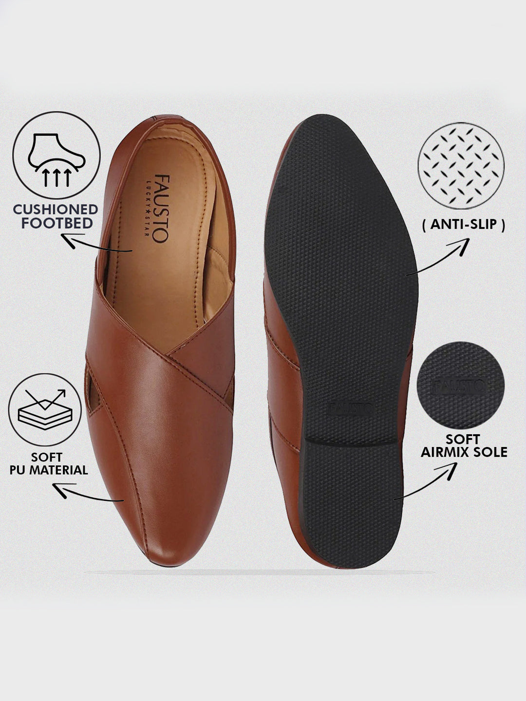 men ethnic tan criss cross slip on juttis and mojaris