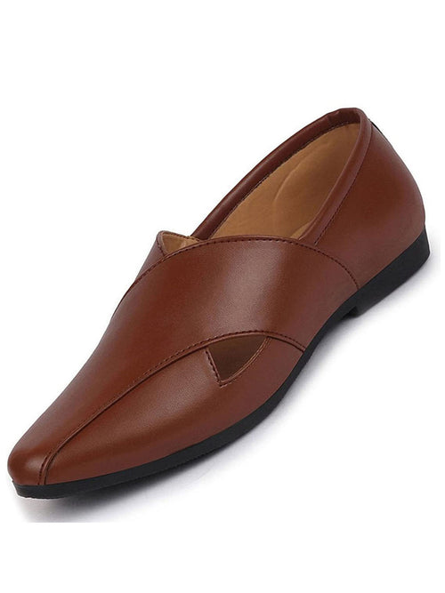 men ethnic tan criss cross slip on juttis and mojaris