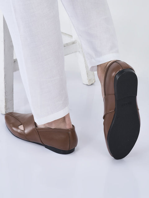 men ethnic tan criss cross slip on juttis and mojaris