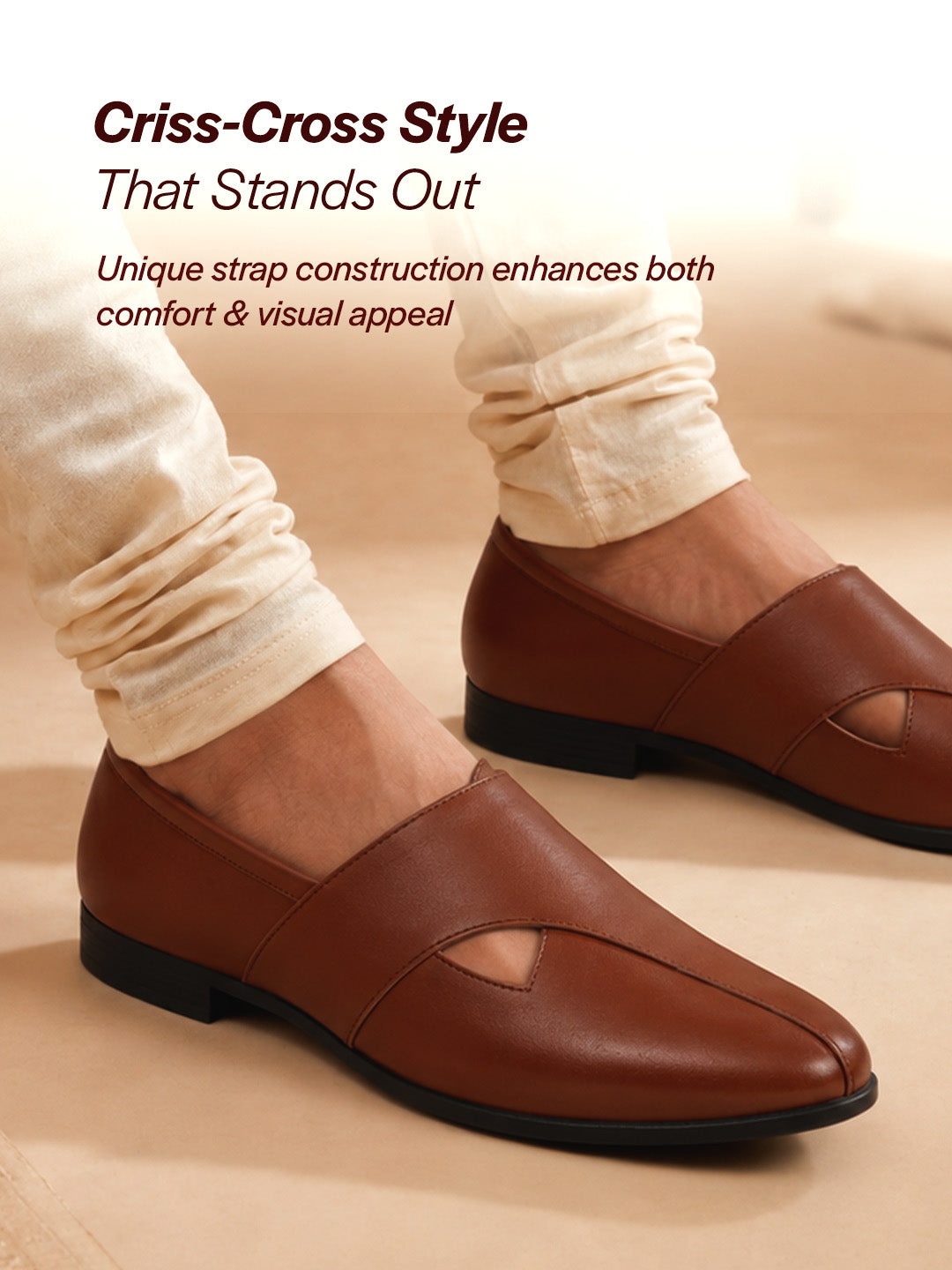 men ethnic tan criss cross slip on juttis and mojaris