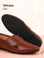 men ethnic tan criss cross slip on juttis and mojaris