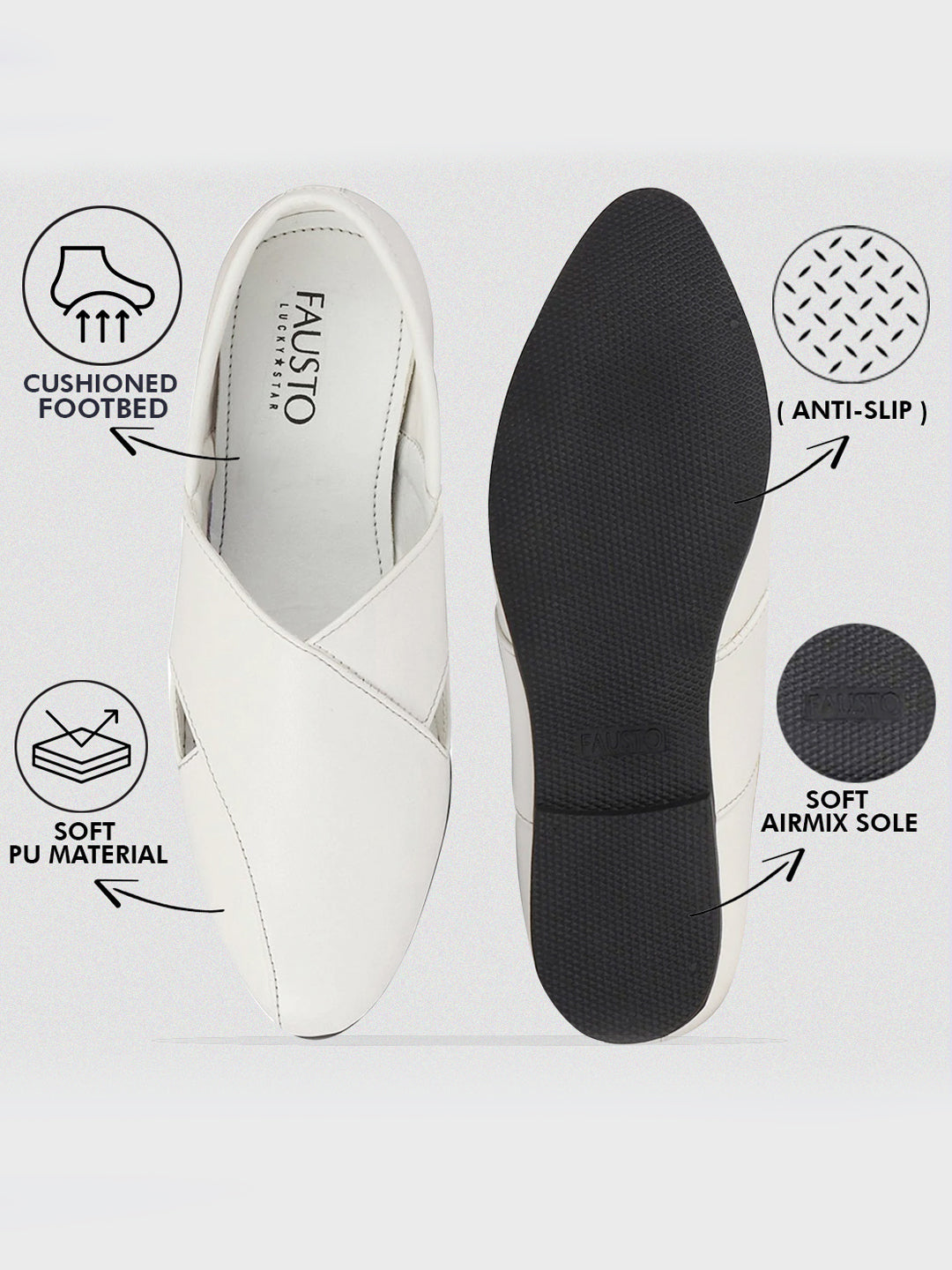 Shop Men Ethnic White Criss Cross Slip On Juttis and Mojaris Online.