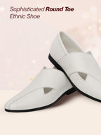 Shop Men Ethnic White Criss Cross Slip On Juttis and Mojaris Online.