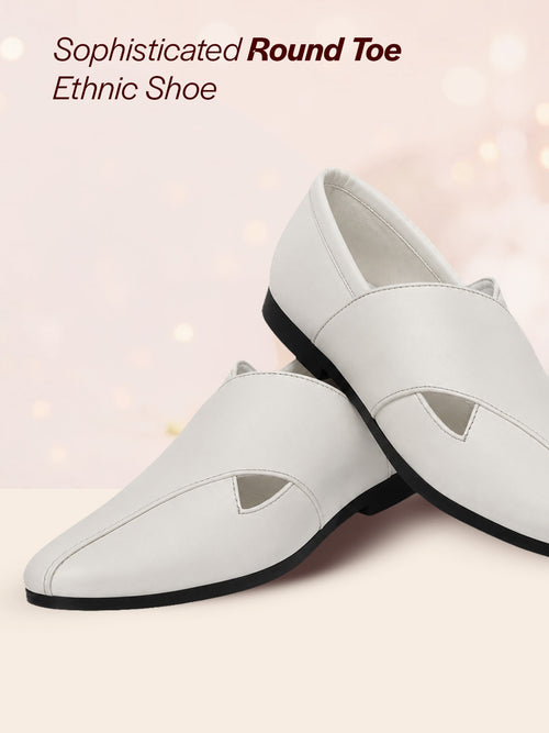 Shop Men Ethnic White Criss Cross Slip On Juttis and Mojaris Online.