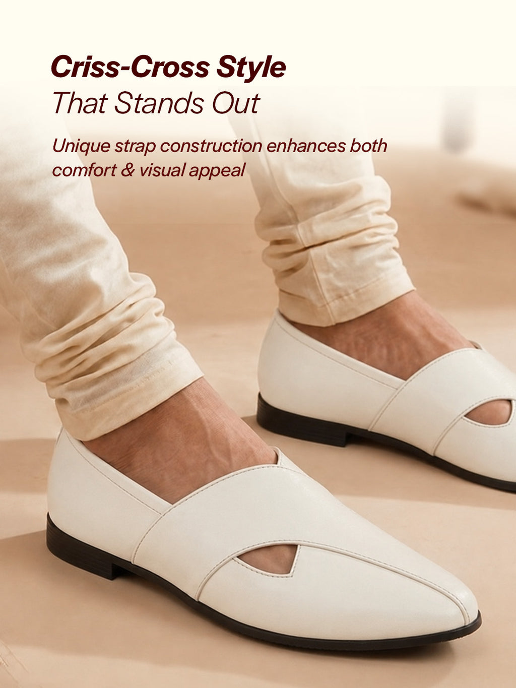Shop Men Ethnic White Criss Cross Slip On Juttis and Mojaris Online.