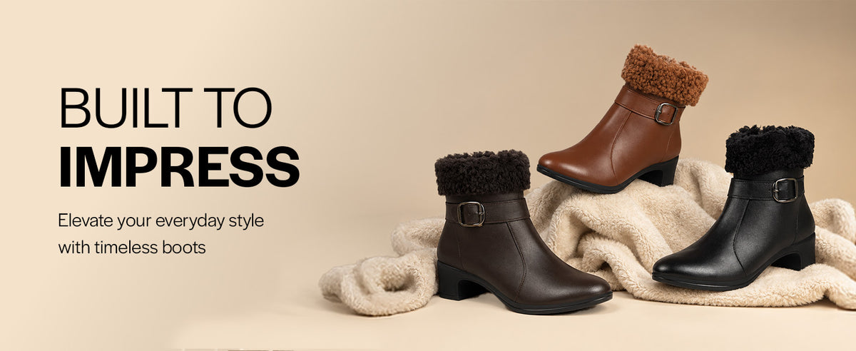 Women Tan Flared Heel High Ankle Classic Winter Buckle Strap Side Zipper Fur Boots|Work Boot|Western Dress Boots