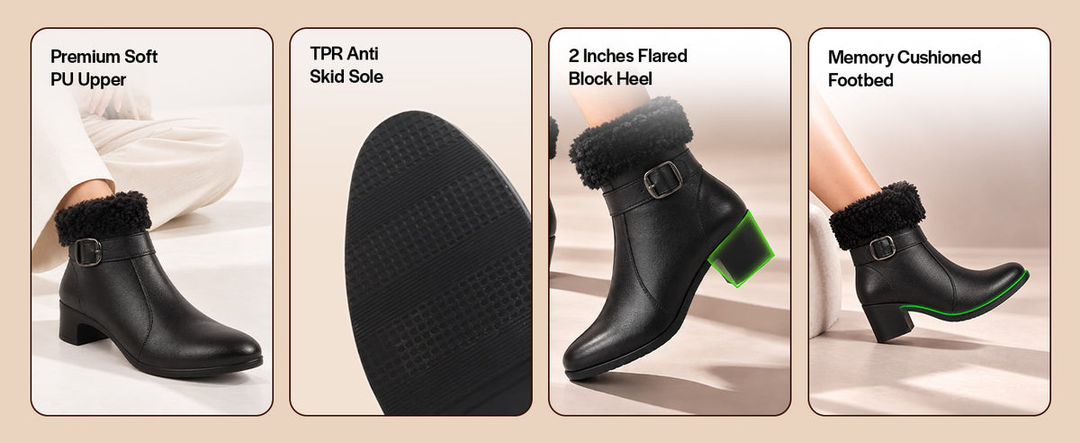 Women Tan Flared Heel High Ankle Classic Winter Buckle Strap Side Zipper Fur Boots|Work Boot|Western Dress Boots