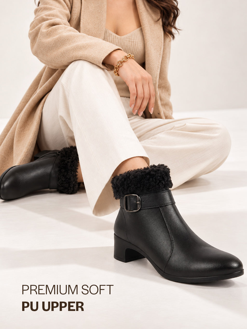 Women Black Flared Heel High Ankle Classic Winter Buckle Strap Side Zipper Fur Boots|Work Boot|Western Dress Boots