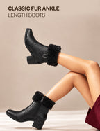 Women Black Flared Heel High Ankle Classic Winter Buckle Strap Side Zipper Fur Boots|Work Boot|Western Dress Boots