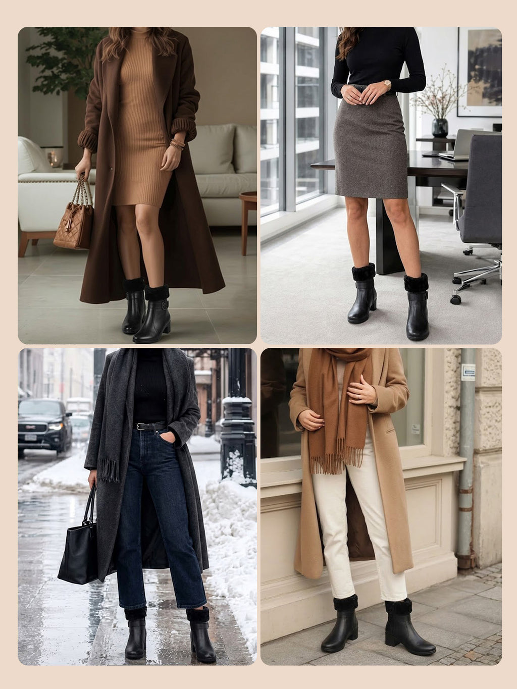 Women Black Flared Heel High Ankle Classic Winter Buckle Strap Side Zipper Fur Boots|Work Boot|Western Dress Boots